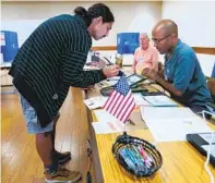  ?? NELVIN C. CEPEDA U-T ?? Andrew Lautanen was the first to arrive and get checked in with poll worker Darwin Fishman at the polling place at San Diego State University on Tuesday.