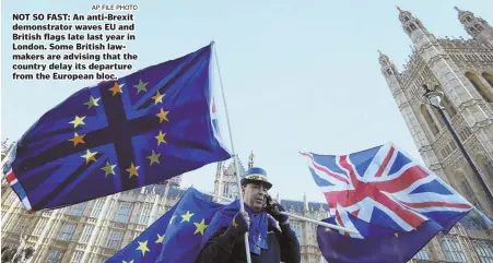  ?? AP FILE PHOTO ?? NOT SO FAST: An anti-Brexit demonstrat­or waves EU and British flags late last year in London. Some British lawmakers are advising that the country delay its departure from the European bloc.