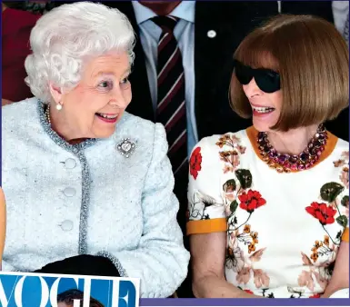  ?? ?? FASHION ROYALTY: Anna Wintour at an awards ceremony in New York in 2012, left, and with the Queen at London Fashion Week in 2018. Left: Madonna on Vogue’s groundbrea­king cover in 1989