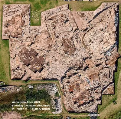  ?? ?? Aerial view from 2023, showing the major structures in Trench P. (Tom O’brien)