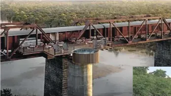  ??  ?? Clockwise from above: The viewing deck and pool jut out from the centre-lounge carriage; crocodile Parmesan schnitzel; buffaloes against the train backdrop; and the steam locomotive at Kruger Station 3638.