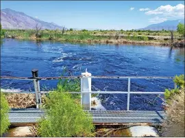  ?? Photos by Jon Klusmire ?? The flows in the Lower Owens River in June of 2023 sent water up to the banks of the channel where it crosses Mazourka Canyon Road.