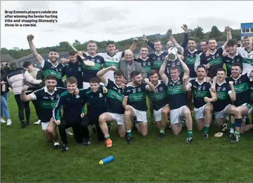  ??  ?? Bray Emmets players celebrate after winning the Senior hurling title and stopping Glenealy’s three-in-a-row bid.