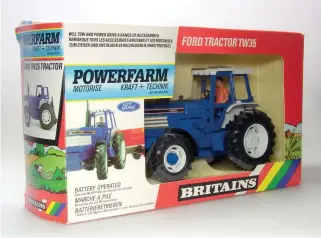  ??  ?? ▲ Powered by an AA battery, the Ford TW-35 tractor was the first of a range of powered models Britains launched. It appeared in 1987 and cost £7.50.