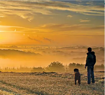  ??  ?? BEST FRIENDS
An owner and his dog looking at a misty sunrise over Yorkshire, with Drax power station in the distance