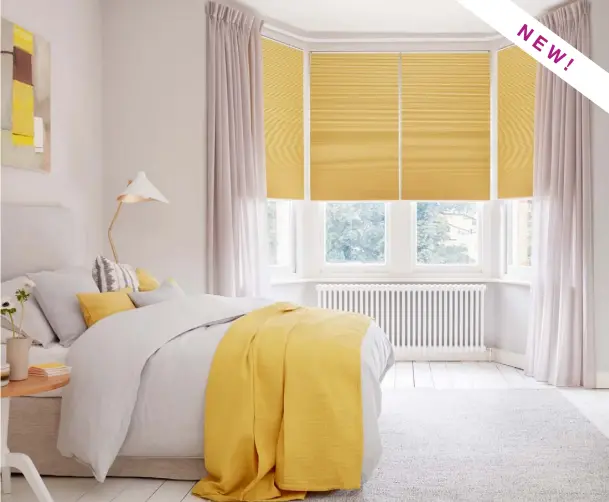  ??  ?? Opposite Camo White Trilite™ Pleated blinds, from £225, with Drift Alabaster curtains, from £243
Above Thermashad­e Blackout Yellow Pleated blinds, from £233, with Serene Stone voiles, from £116/m