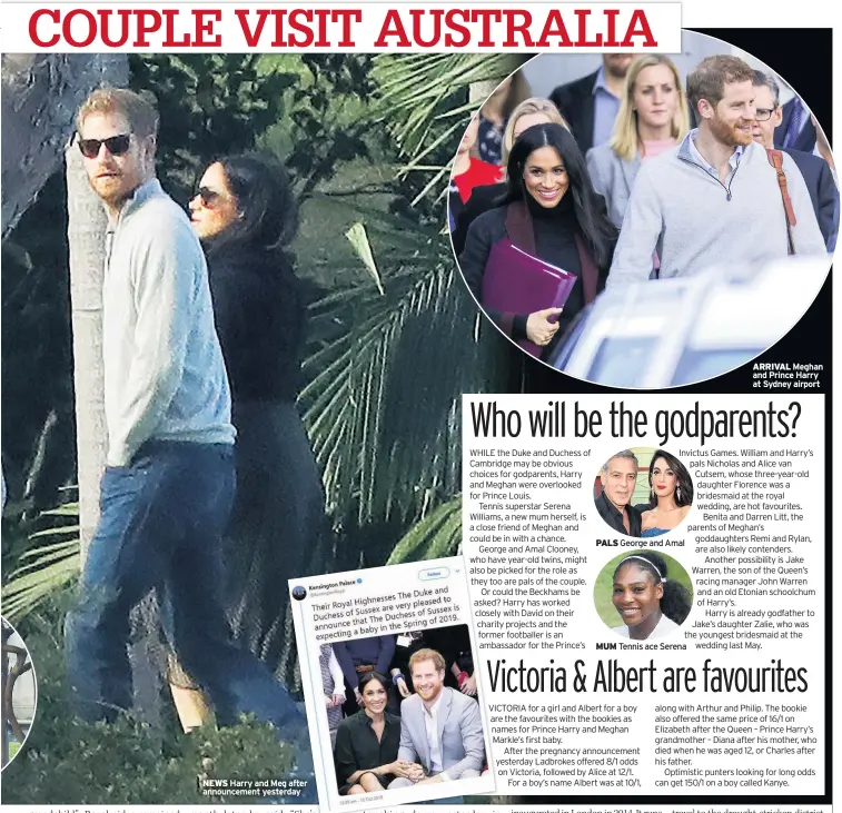  ??  ?? NEWS Harry and Meg after announceme­nt yesterdayA­RRIVAL Meghan and Prince Harry at Sydney airport