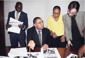  ??  ?? Prime Minister Andrew Holness (seated) brainstorm­s with (from left) Pearnel Charles Jr, minister of state in the Ministry of National Security; Naomi Francis, his press secretary; and Kamina Johnson Smith, minister of foreign affairs. Above right:...