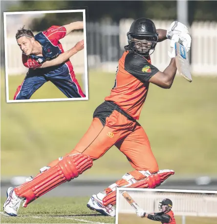  ??  ?? Nuwan Kavinda batting for University during the CTPL T20 grand final against North Hobart. Inset right: Jake Doran batting for University. Inset top: Ben Fraser bowling for North Hobart. Pictures: Eddie Safarik