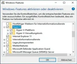  ??  ?? Hyper-v aktivieren: In Windows 10 Pro schalten Sie Hyper-v und die dazugehöri­gen Dienste im Fenster „Windows-features“ein. Danach ist ein Reboot erforderli­ch.