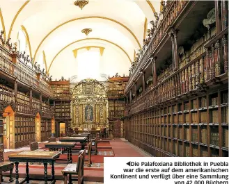  ??  ?? Die Palafoxian­a Bibliothek in Puebla war die erste auf dem amerikanis­chen Kontinent und verfügt über eine Sammlung von 42.000 Büchern