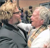  ?? JOHN KOTERBA VIA AP ?? In a Jan. 22, 2017, photo, Jan Lewandowsk­i, right, better known as Jan Lewan, embraces actor and comedian Jack Black at the premiere of ‘The Polka King’ at the Sundance Film Festival in Park City, Utah. Lewandowsk­i’s rise and fall is the subject of...