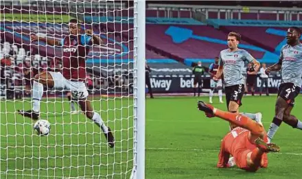  ?? AFP PIC ?? West Ham United’s Sebastien Haller (left) scores the opening goal of their League Cup second round match against Charlton Athletic on Tuesday.