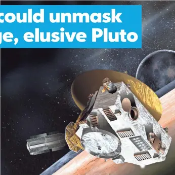  ?? JOHNS HOPKINS UNIVERSITY APPLIED PHYSICS LABORATORY / SOUTHWEST RESEARCH INSTITUTE ?? An artist’s concept of the New Horizons spacecraft during its glancing kiss with Pluto and Charon, Pluto’s largest moon. By studying Pluto, scientists seek a glimpse into planet formation.