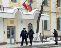  ??  ?? Police officers patrol in front of Moscows penal detention centre Number 1 (known as Matrosskay­a Tishina) where opposition leader Alexei Navalny is held after being jailed for 30 days following his arrest at a Moscow airport upon the arrival from Berlin, on Tuesday. —