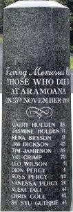  ??  ?? The names of those killed at Aramoana are listed on a memorial just around the corner from the site of the former home of first victim Garry Holden.