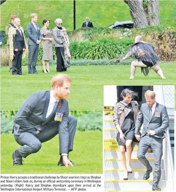  ?? — AFP photos ?? Prince Harry accepts a traditiona­l challenge by Maori warriors (top) as Meghan and Maori elders look on, during an official welcoming ceremony in Wellington yesterday. (Right) Harry and Meghan disembark upon their arrival at the Wellington Internatio­nal Airport Military Terminal.