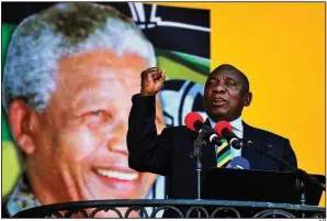  ?? AP ?? South African Deputy President and African National Congress party President Cyril Ramaphosa delivers a speech at the Grand Parade on Sunday in Cape Town, South Africa, celebratin­g the 28th anniversar­y of Nelson Mandela’s release from prison.