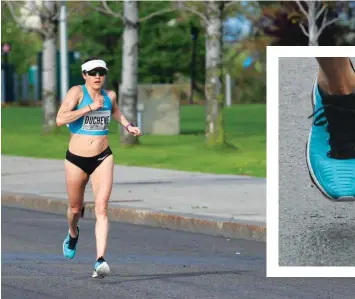  ??  ?? OPPOSITE Desiree Linden on her way to the win at the 2018 Boston Marathon, wearing a Brooks prototype carbon shoe