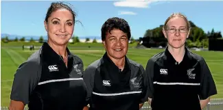  ?? PHOTO: CHRIS SYMES/PHOTOSPORT ?? Diana Venter, left, Kathy Cross and Kim Cotton are the first all-woman appointmen­t to umpire an internatio­nal cricket match in New Zealand.