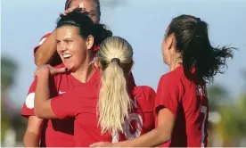  ?? Photograph: Joel Martinez/AP ?? Canada’s Christine Sinclair, front left, celebrates with teammates after scoring against St Kitts and Nevis during a Concacaf women’s Olympic qualifying soccer match on Wednesday in Texas.