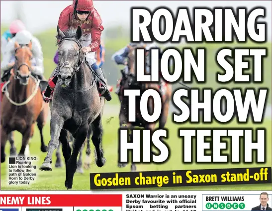  ??  ?? LION KING: Roaring Lion is looking to follow the path of Golden Horn to Derby glory today