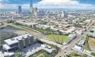  ?? [RENDERING PROVIDED] ?? Roy Williams, president of the Greater Oklahoma City Chamber, ranks a cap over Interstate 235 linking bio-science offices and hospitals with downtown as among the possible efforts that might occur in the future. This rendering created by Wells...