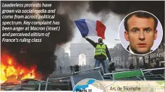  ??  ?? Leaderless protests have grown via social media and come from across political spectrum. Key complaint has been anger at Macron (inset) and perceived elitism of France’s ruling class