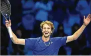  ?? LUCA BRUNO/AP ?? Alexander Zverev of Germany reacts after defeating Daniil Medvedev of Russia in their singles final tennis match of the ATP World Tour Finals, at the Pala Alpitour in Turin, Italy, Sunday. Zverev won 6-4/6-4.