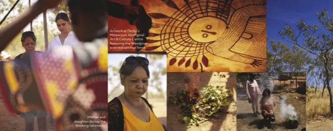  ??  ?? Mother and daughter during the smoking ceremony. Artwork at Derby’s Mowanjum Aboriginal Art & Culture Centre featuring the Wandjina, a sacred spiritual force.