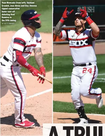  ?? AP, GETTY IMAGES ?? Yoan Moncada (from left), Yasmani Grandal, Jose Abreu and Eloy Jimenez ripped consecutiv­e home runs off debuting Roel
Ramirez in the fifth inning.