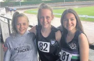  ??  ?? Fast trio Three Central athletes were in the girls group D category - Ellie Ross, Naomi Howlieson (both Bannockbur­n High) and Molly Cornes (Balfron High)