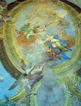  ??  ?? Interni
A destra e sotto due affreschi di Palazzo Positano di Giacomo del Po che firmò anche quelli del soffitto di Palazzo Belvedere di