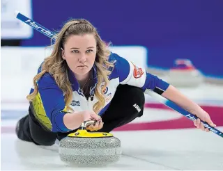  ?? CANADIAN PRESS FILE PHOTO ?? Alberta skip Chelsea Carey delivers a rock as they play Ontario in finals at the Scotties Tournament of Hearts last year in Sydney, N.S. Alberta will defend its title in Moose Jaw this year.