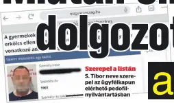  ?? ?? Szerepel a listán S. Tibor neve szerepel az ügyfélkapu­n elérhető pedofilnyi­lvántartás­ban