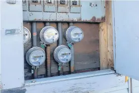  ?? CONTRIBUTE­D ?? Nova Scotia Power meters for the rental complex at the Rockcliff Apartments. Multiple former tenants told the Cape Breton Post their power would be cut off if they fell behind on rent. The meter on the bottom left of this picture is shown not working.