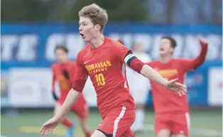  ?? DAVID GARRETT/SPECIAL TO THE MORNING CALL ?? Moravian Academy’s Trey Sheeler celebrates his winning goal Friday against Winchester-Thurston in the PIAA Class 1A state championsh­ip game at Cumberland Valley High School in Mechanicsb­urg.