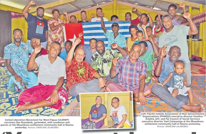 ?? Picture: JONACANI LALAKOBAU Picture: JONACANI LALAKOBAU ?? United Liberation Movement for West Papua (ULMWP) secretary Rex Rumakiek, garlanded, with residence and guests at the Muanikoso settlement community hall in Nasinu yesterday.
Left: Pacific Islands Associatio­n of Non-Government­al Organizati­ons (PIANGO) executive director Emeline Ilolahia, left, and Fiji Council of Social Services executive director Vani Catanasiga at the Muanikoso settlement community hall in Nasinu yesterday.