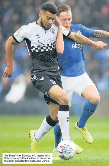  ??  ?? Sky Blues’ Max Biamou, left, tussles with Peterborou­gh’s Frankie Kent in his return to action on Saturday. Inset, Jodi Jones