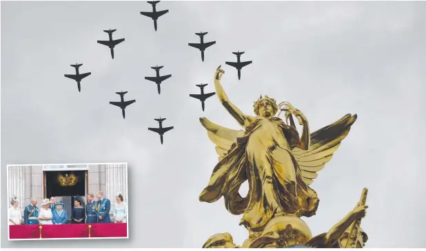  ?? Picture: AFP ?? Military aircraft take part in a fly-past over the Queen Victoria Memorial (QVM) on the Mall outside Buckingham Palace in London on July 10, 2018 to mark the centenary of the Royal Air Force; and (inset) the Queen and members of the royal family.