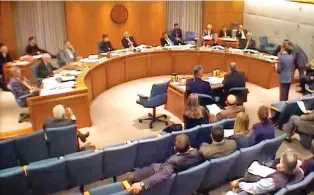  ?? IMAGE FROM VIDEO ?? The Senate Corporatio­ns and Transporta­tion Committee discusses an alcohol tax increase on Feb. 20, 2017. The committee tabled the bill 5-4.