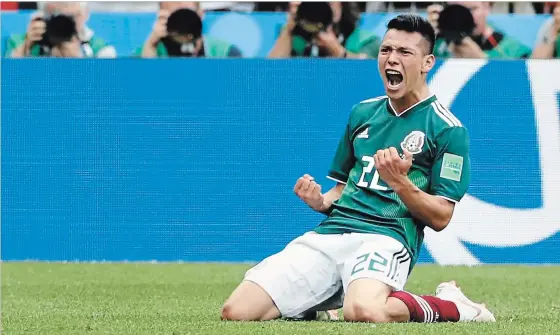  ?? ANTONIO CALANNI THE ASSOCIATED PRESS ?? Mexico’s Hirving Lozano celebrates scoring his side’s goal against Germany at the World Cup game in Moscow on Sunday. Mexico won, 1-0.