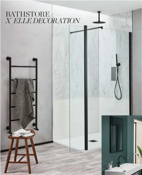  ??  ?? Left ‘Noir 1200’ radiator, £299; ‘Noir 1000’ walk-in shower, £399; ‘Noir 300’ round showerhead and ceiling arm, £298; ‘Noir’ shower handset, £139, all Bathstore ( bathstore.com) Below ‘Noir 1000’ frame unit and basin, £749, Bathstore ( bathstore.com)