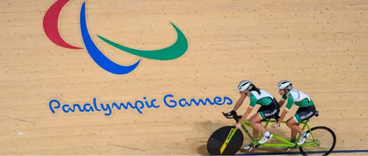  ??  ?? Katie-George Dunlevy of Ireland along with her pilot Eve McCrystal during a training session in the Olympic Velodrome ahead of their Pursuit and B Kilo WB Tandem in the 2016 Paralympic Games.