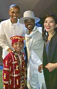  ??  ?? World- renowned pianist Cecile Licad, rapper Apl. de. Ap and Reynan Dal- Anay meet President Obama in the corridor of the Mall of Asia Arena after they performed for the APEC leaders and he gamely posed with them!