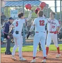  ?? Adam Dortch ?? Sonoravill­e sophomore infielder Jaxon Pate and teammates Dawson Townsend and Zach Lyles gets ready to tap helmets after Pate’s home run last week in a 12-0 win over North Murray at The Furnace.