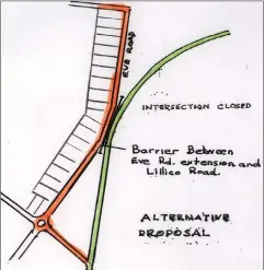  ??  ?? A proposal presented by former Warragul Shire engineer Gerry Prestney suggests closing the Lillico-Eve Rd intersecti­on and linking Eve Rd into the already constructe­d subdivisio­n road.