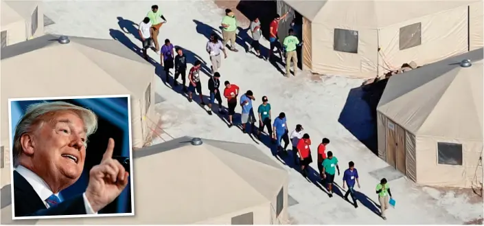  ??  ?? Heartache: Children are marched towards detention tents after being separated from parents by Trump (inset) who defended the controvers­ial policy yesterday