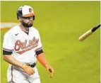  ?? JULIO CORTEZ/AP ?? Baltimore Orioles’ Renato Nunez tosses his bat after striking out to Boston Red Sox relief pitcher Ryan Brasier during the eighth inning Aug. 20 in Baltimore. The Red Sox won 7-1.