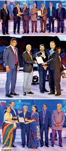  ??  ?? Commercial Bank’s Chief Operating Officer Sanath Manatunge (top, second left) and representa­tives of the bank’s senior management receiving the awards won by the bank at the Lankapay Technovati­on Awards